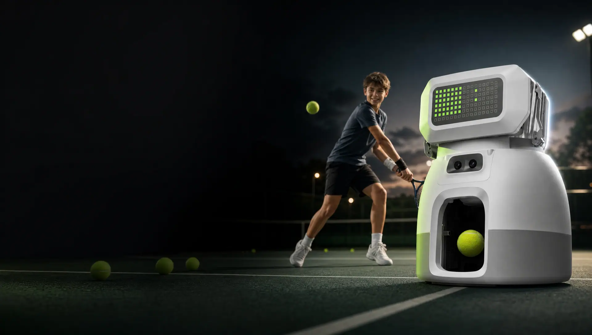 Tenniix KI-Tennisroboter mit einem jugendlichen Tennisspieler beim Training