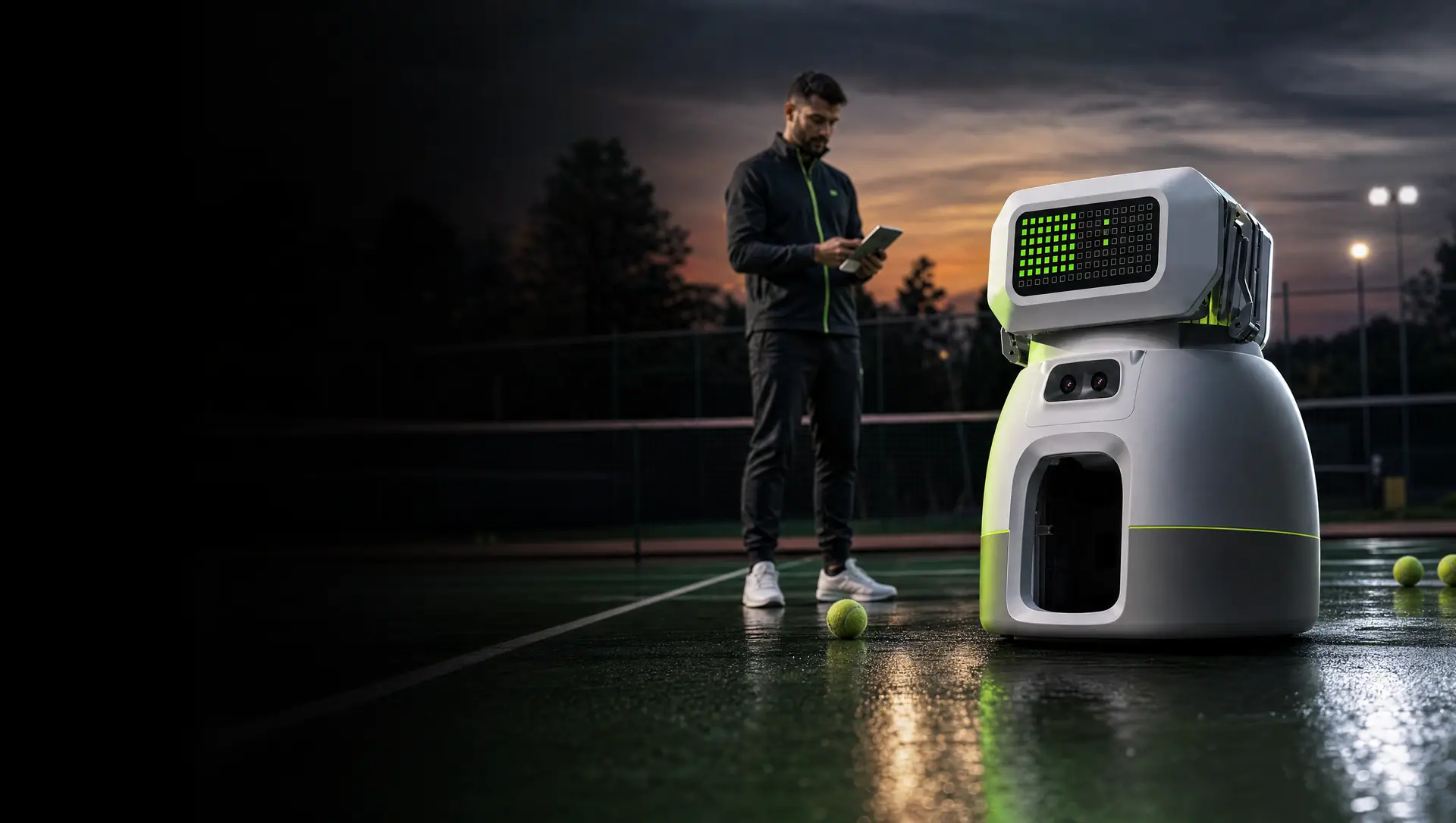 Tenniix KI-Tennisroboter neben einem Tennis-Coach mit Tablet auf dem Court bei Dämmerung