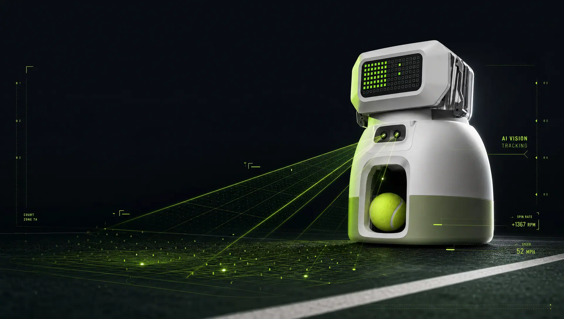 Tenniix KI-Tennisroboter mit visualisiertem AI-Vision-Tracking und Court-Geometrie