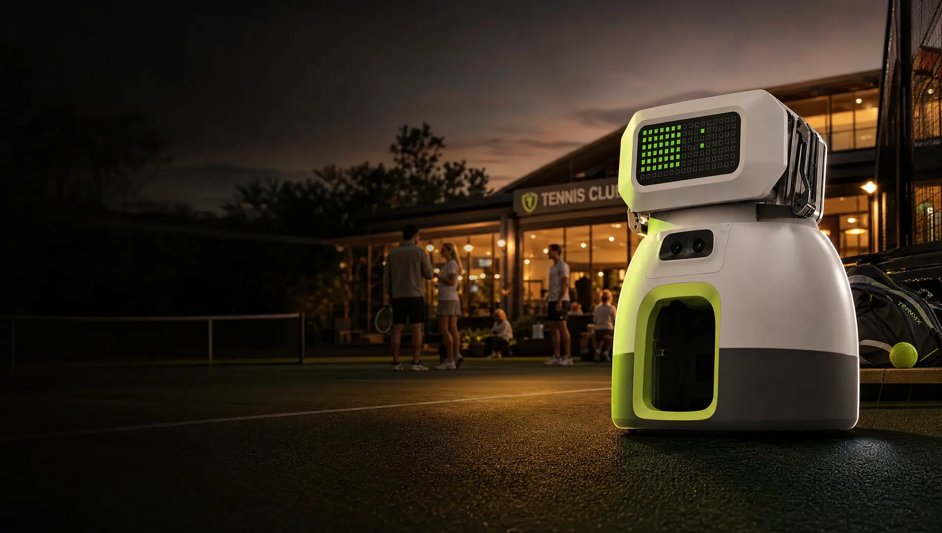 Tenniix KI-Tennisroboter vor einem beleuchteten Tennis-Vereinsheim mit Mitgliedern bei Dämmerung
