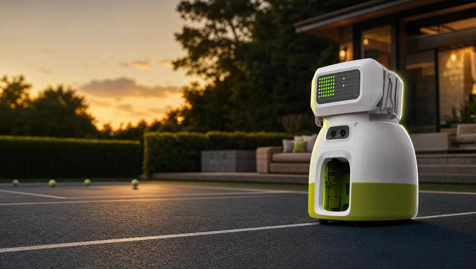 Tenniix KI-Tennisroboter auf einem privaten Heim-Tennisplatz bei Abendsonne